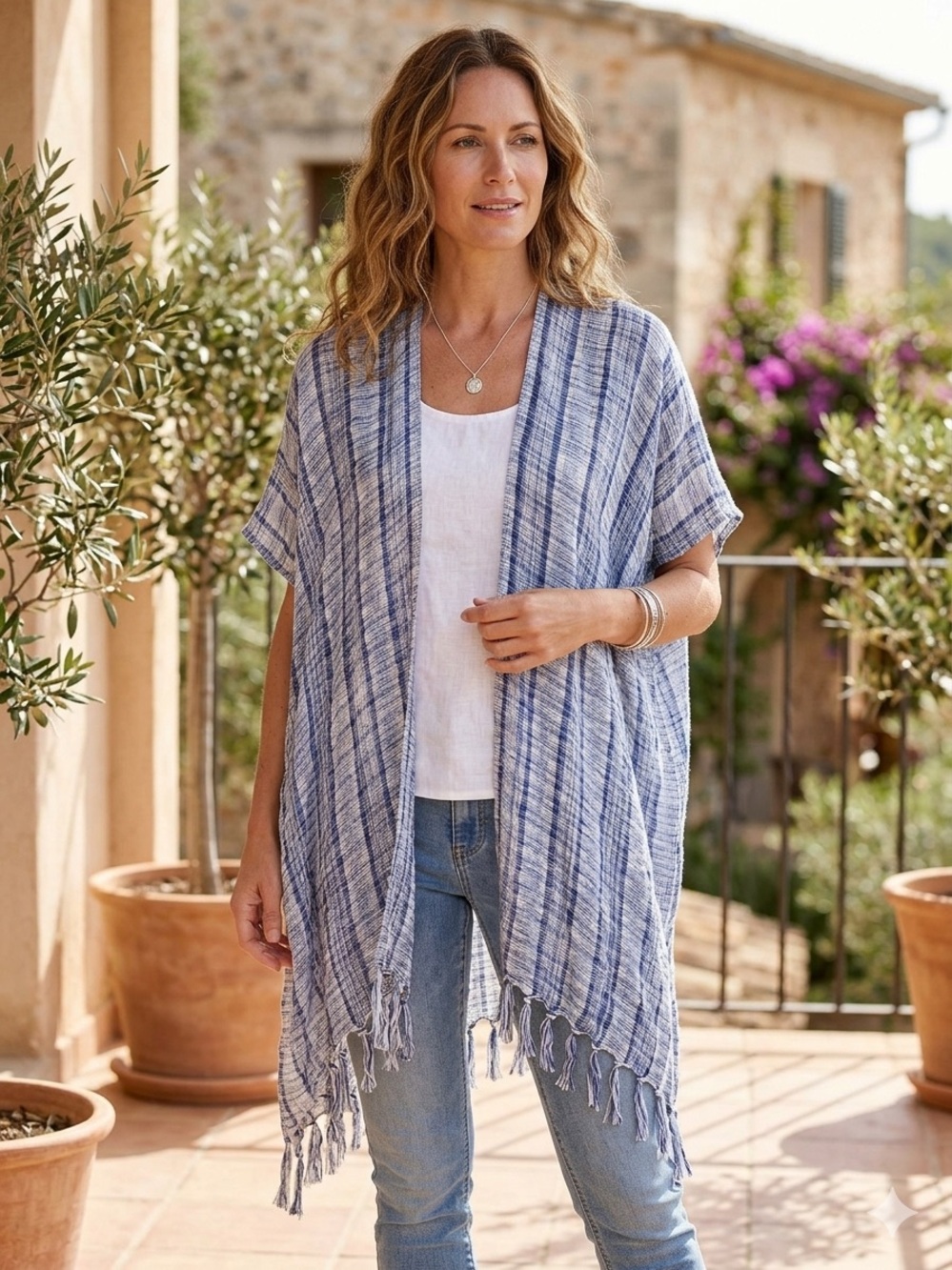 NWT Collection 18 Striped Blue Confetti Poncho Cover Up Scarf